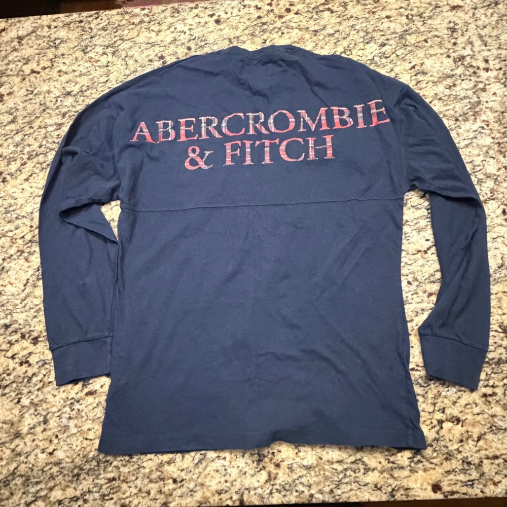 Abercrombie & Fitch Mens Navy Blue Long Sleeve Plaid Logo Spirit Jersey Tee L v